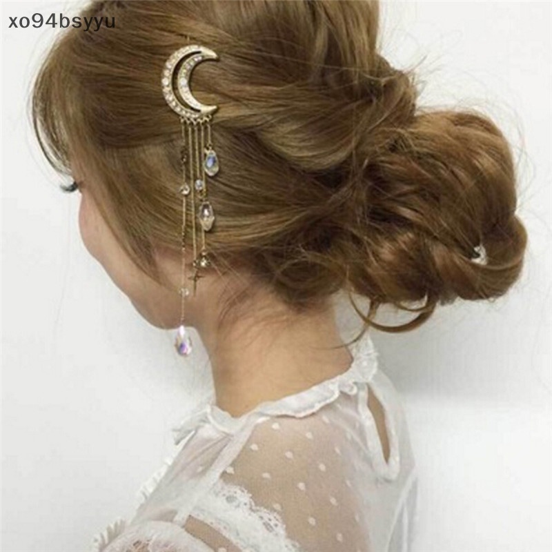 Trâm Cài Tóc Xo94Bsyu Hình Mặt Trăng Đính Đá Phối Tua Rua Màu Vàng / Bạc Phong Cách Vintage Cho Nữ