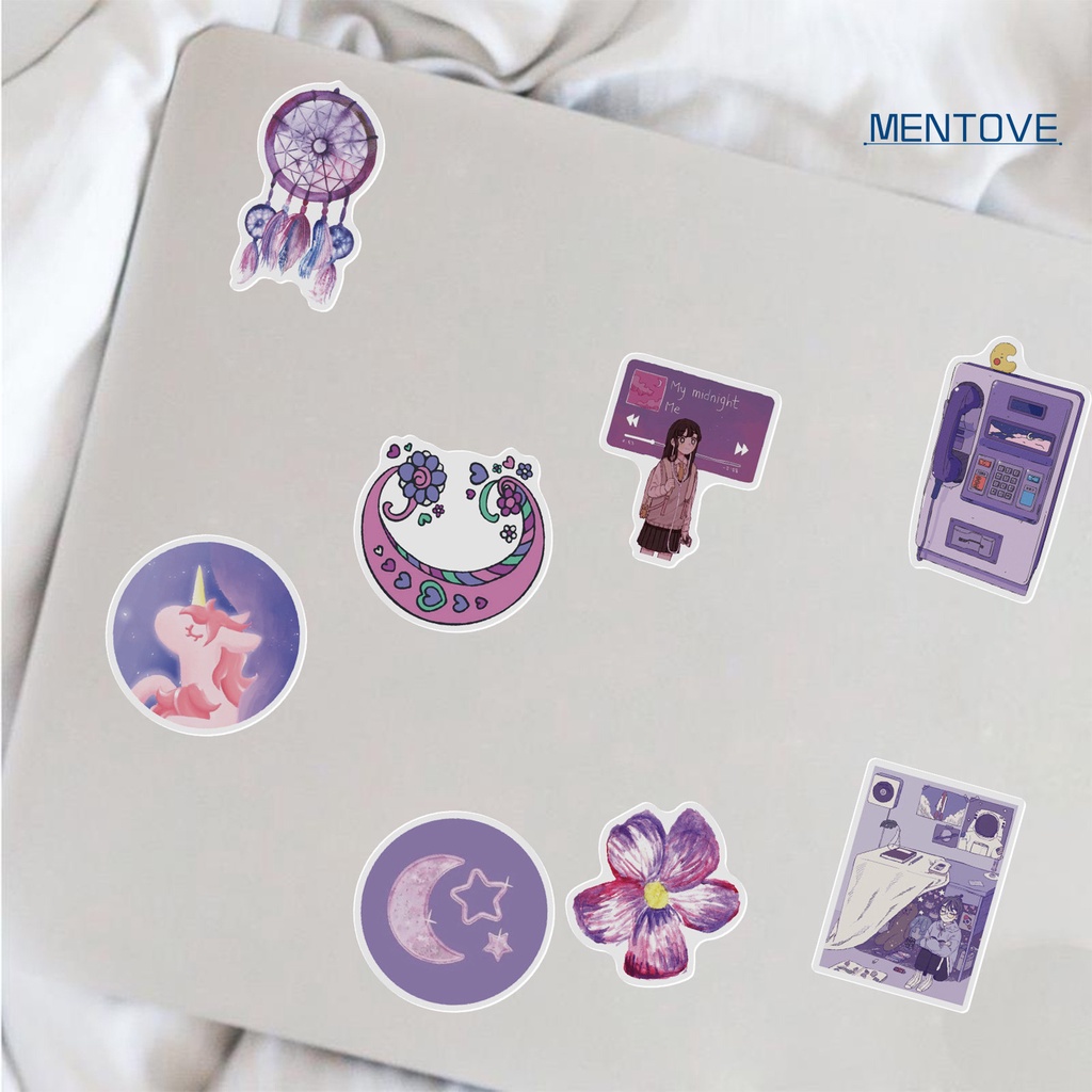 Set 50 Nhãn Dán Hoạt Hình Màu Tím Lãng Mạn Chống Thấm Nước Trang Trí Vali / Laptop / Chai Nước / Tiệc Tùng DIY