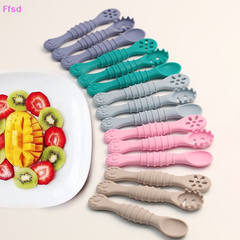 Bộ Muỗng Nĩa Bằng Silicon Mềm Tay Cầm Ngắn Tập Ăn Cho Bé