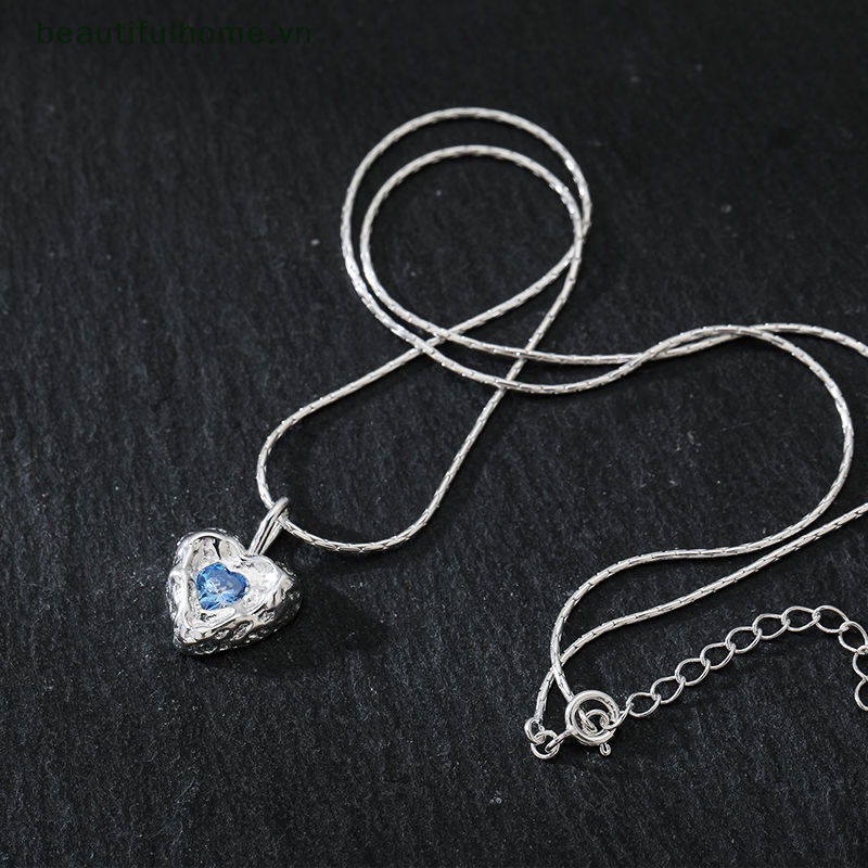 Vòng cổ Bạc Mặt Trái Tim Đính Pha Lê Xanh Dương Thời Trang Hàn Quốc Cho Nữ