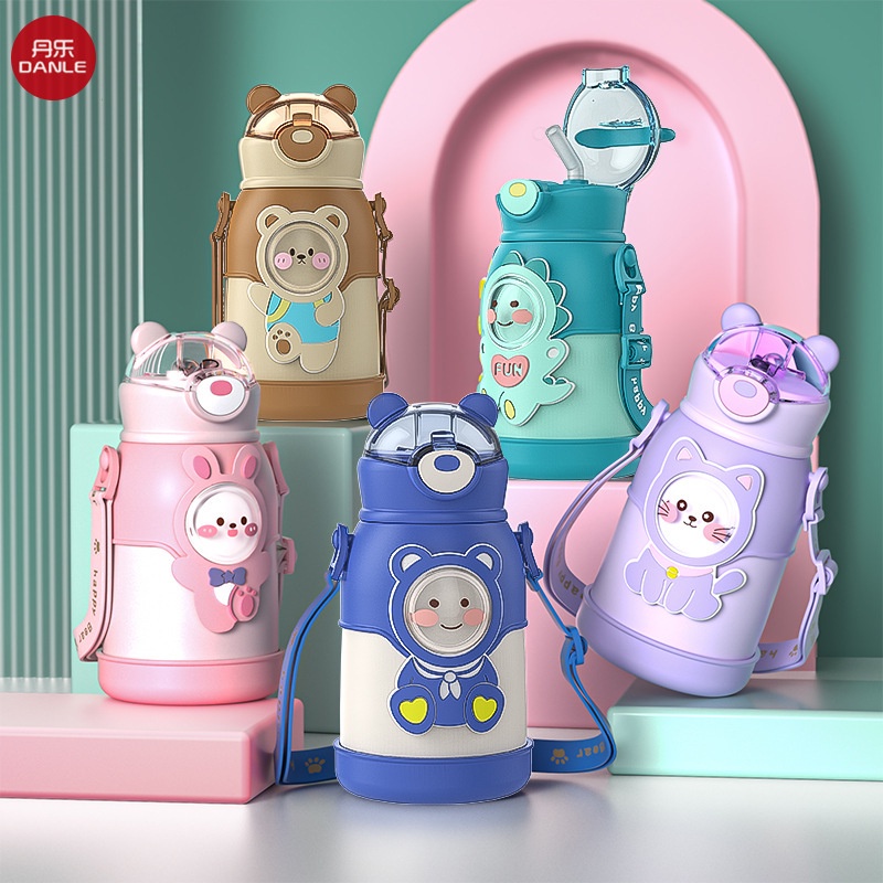 Danle Bình Nước Giữ Nhiệt Bằng Thép Không Gỉ 316 Họa Tiết Hoạt Hình Có Ống Hút Cho Học Sinh