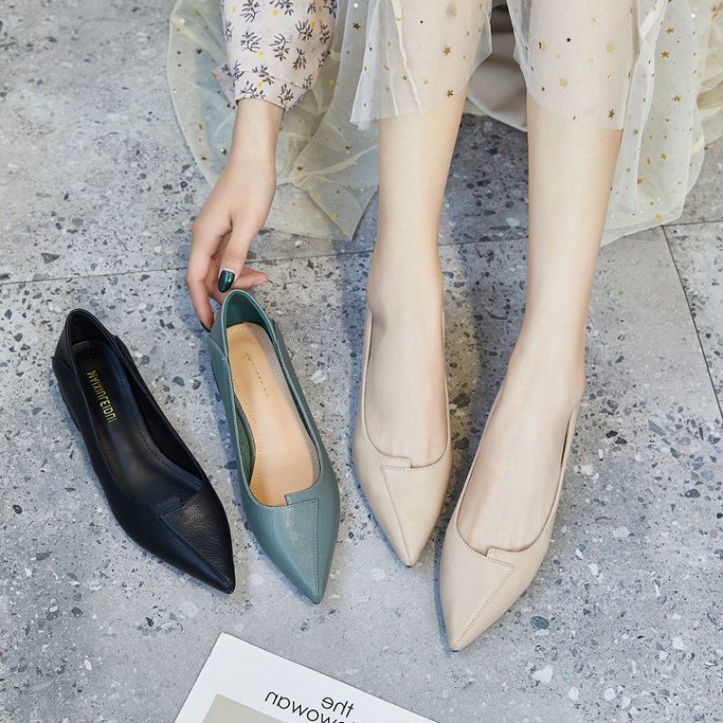Giày Búp Bê Da Mềm Gót Dày Mũi Nhọn Thời Trang 2024 Cho Nữ