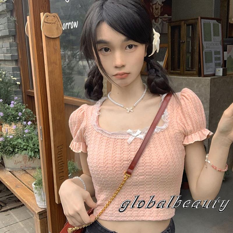 Áo Croptop Cổ Vuông Tay Phồng Phối Ren Thời Trang Mùa Hè Cho Nữ