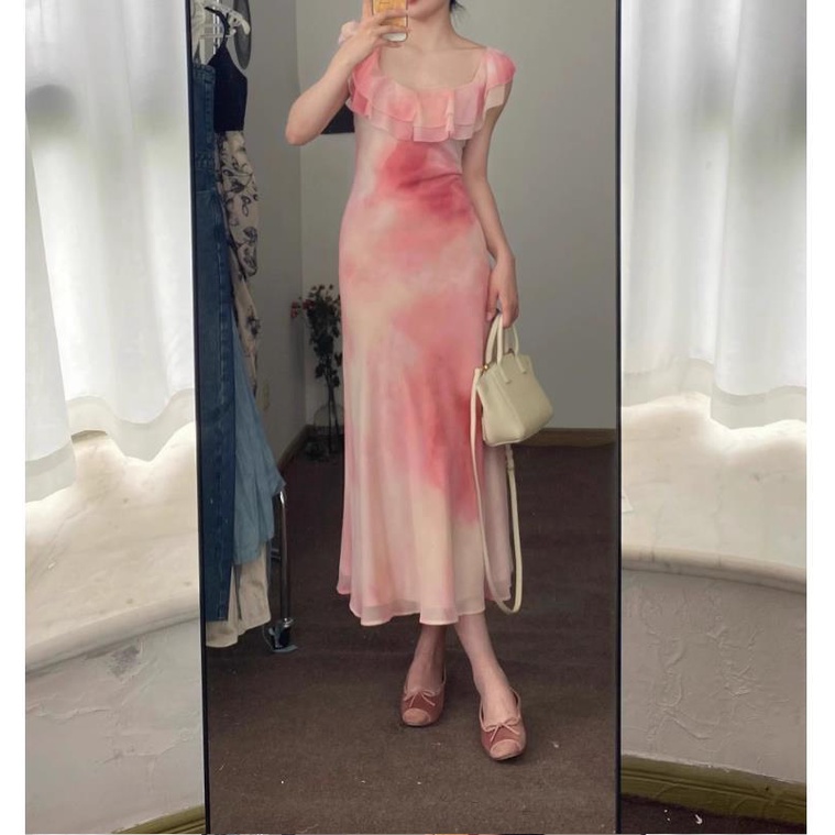 Đầm Chiffon Cổ Vuông Viền Bèo Màu Hồng Phong Cách Hàn Quốc Chất Lượng Cao