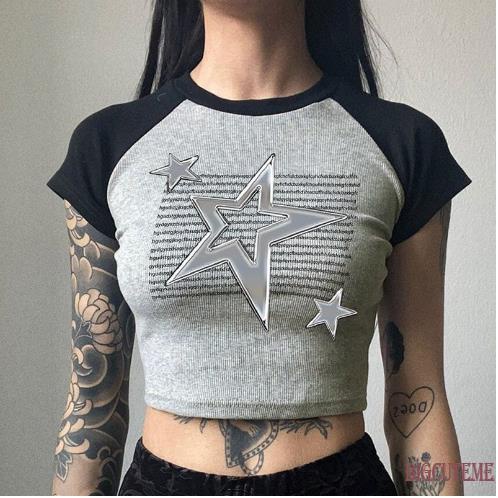 [] - Áo Crop Top Tay Ngắn Cổ Tròn In Hình Ngôi Sao Thời Trang Mùa Hè Ôm Dáng Vừa Vặn Đường Phố Màu Xám Cho Nữ
