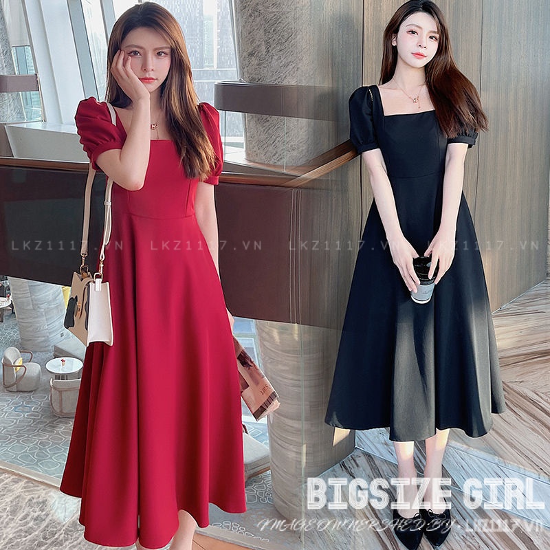 Váy đầm nữ Bigsize Đầm dự tiệc sang trọng dáng xoè tay ngắn cổ vuông đen mùa hè Phong cách Hàn Quốc Thời Trang đẹp