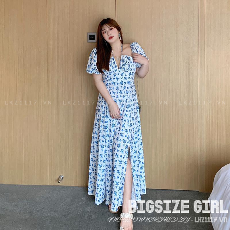 Váy đầm nữ Bigsize Đầm hoa nhí dài qua gối tay phồng cổ vuông xẻ tà mùa hè Phong cách Hàn Quốc Thời Trang đẹp