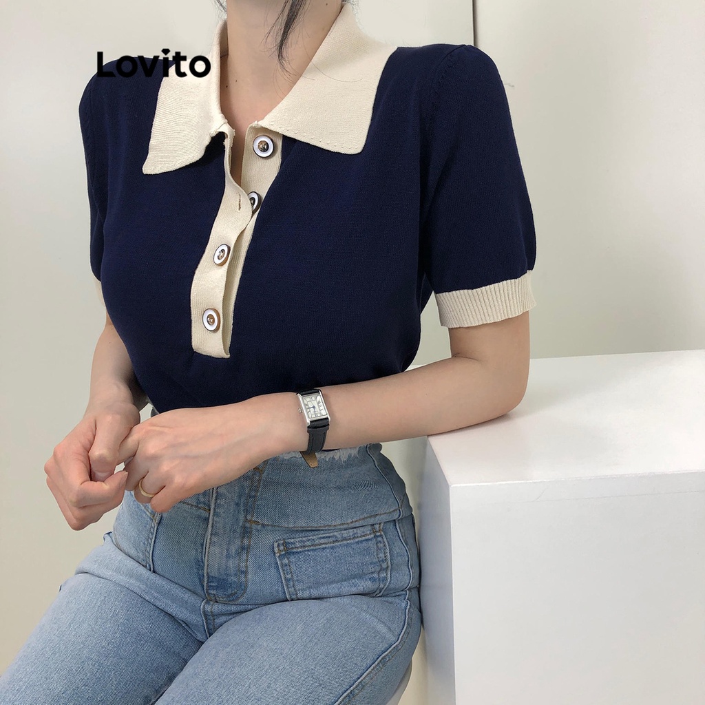 Áo dệt kim Lovito tay ngắn trơn phối nút cổ tương phản cho nữ LNA11001 (màu đen)