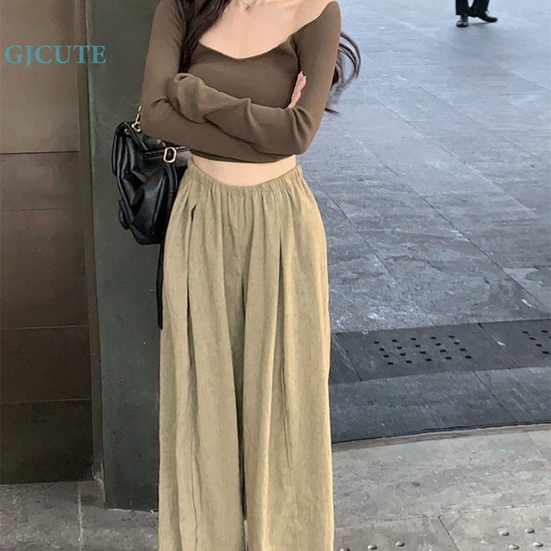 Quần Kaki Ống Rộng Phong Cách Languid Thời Trang Xuân Thu Cho Nữ