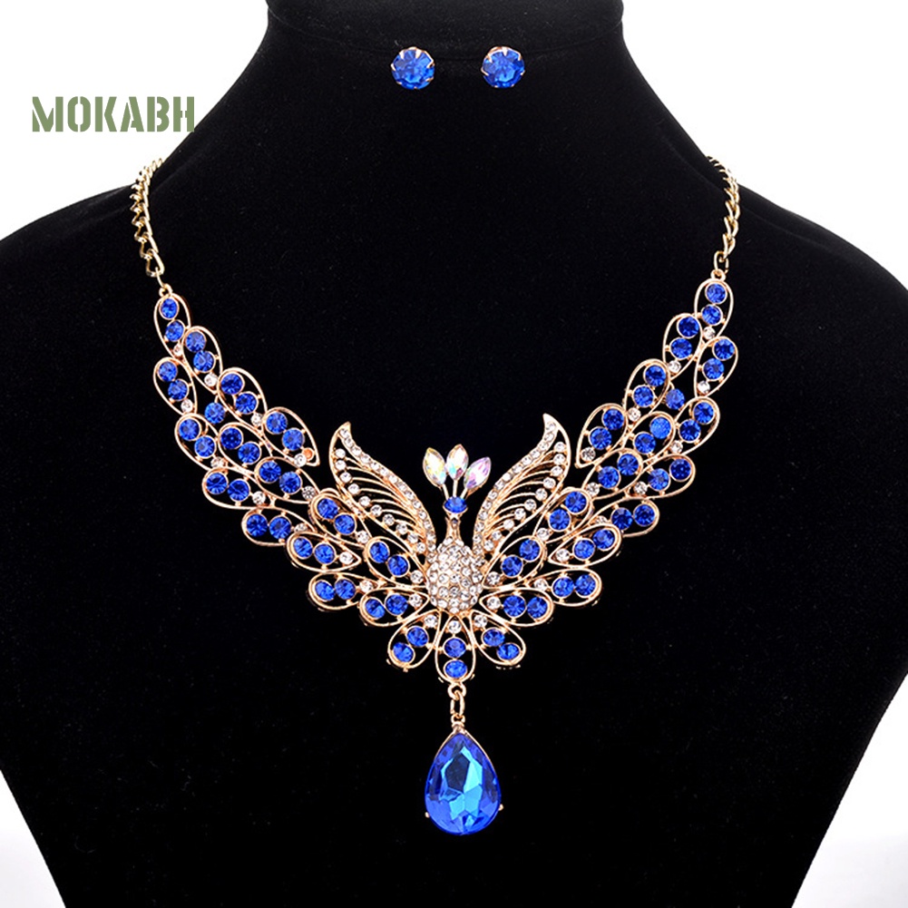 [Mok Abh] Bộ Vòng cổ + Bông Tai Hình Con Công Đính Kim Cương Giả Theo Phong Cách Retro