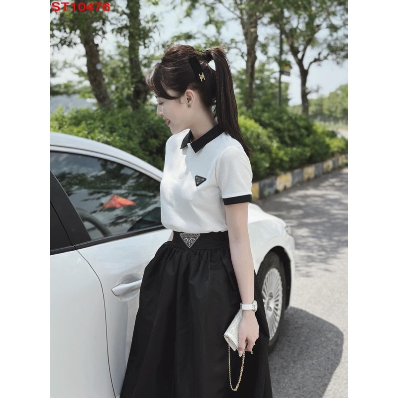 Set áo pra polo chân váy đen xoè dài siêu tôn dáng