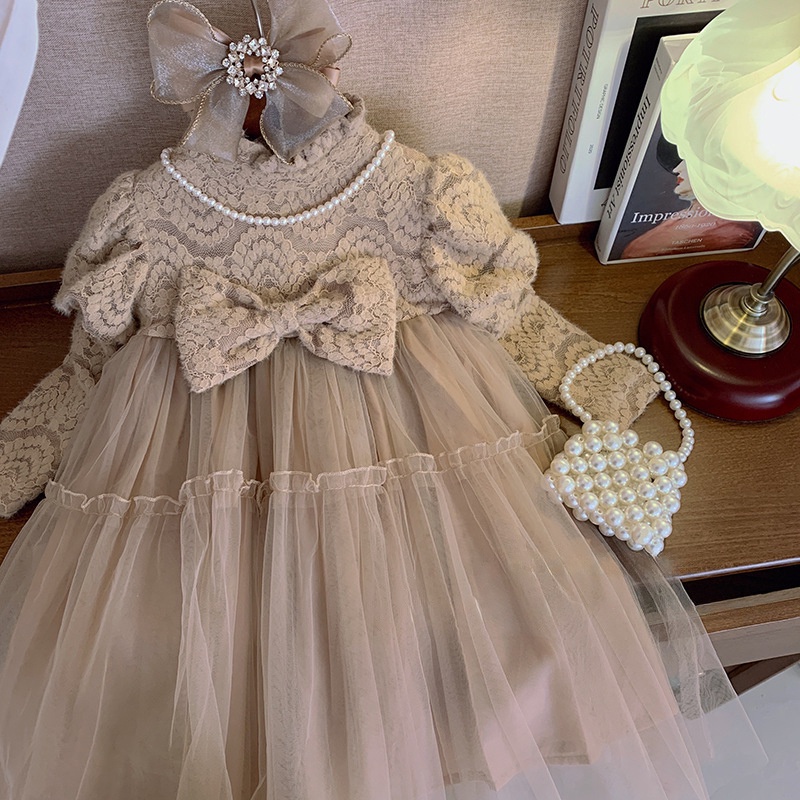 Đầm Dệt Kim Tay Dài Đính Nơ Thời Trang Thu Đông Cho Bé Gái 3-8 Tuổi