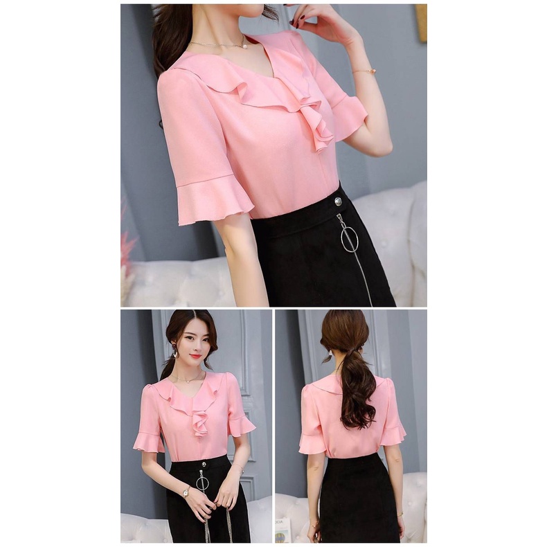 Áo Sơ Mi Chiffon Tay Ngắn Cổ Chữ V Dáng Ôm Phong Cách Hàn Quốc Thời Trang Mùa Hè Mới Cho Nữ