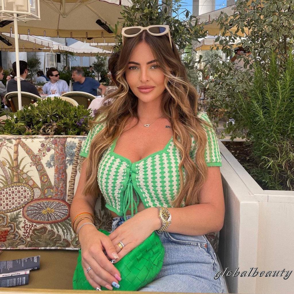 Áo Dệt Kim Ngắn Tay Cổ Vuông Họa Tiết Kẻ Sọc Với Dây Điều Chỉnh Được Thời Trang Mùa Hè Cho Nữ