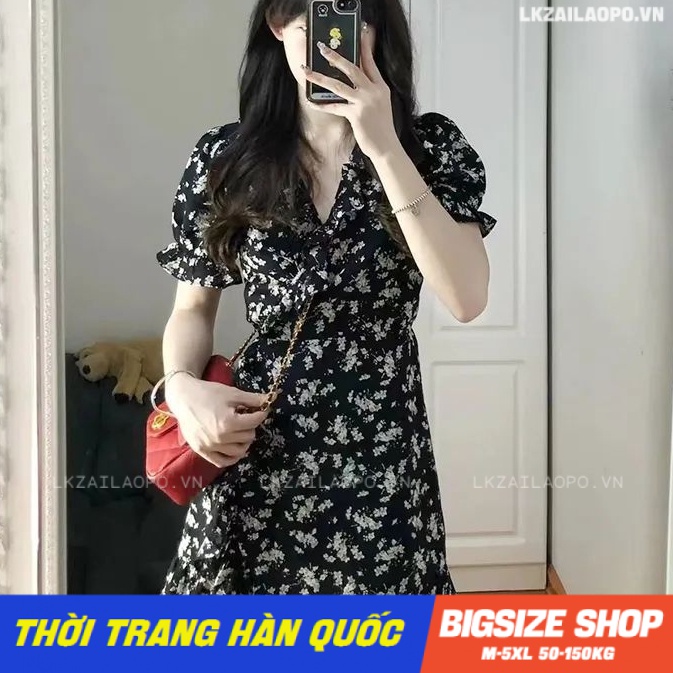 Váy đầm nữ Bigsize Đầm hoa nhí mini tay ngắn cổ chữ v bánh bèo mùa hè Phong cách Hàn Quốc Thời Trang đẹp