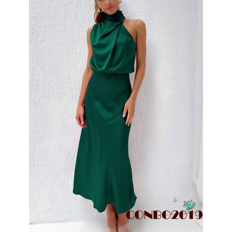 Đầm Dài Không Tay Cổ Lọ Chất Liệu Satin Màu Trơn Thanh Lịch Cho Nữ