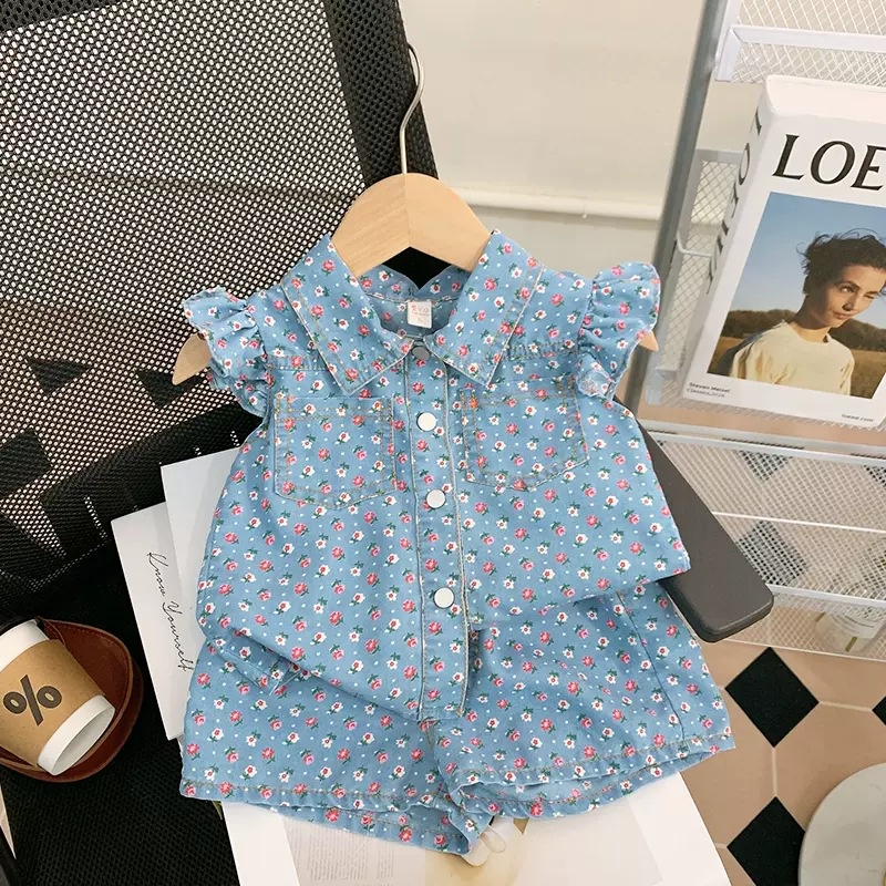 Set Áo Sơ Mi Denim + Quần Short Thời Trang Mùa Hè Cho Bé Gái