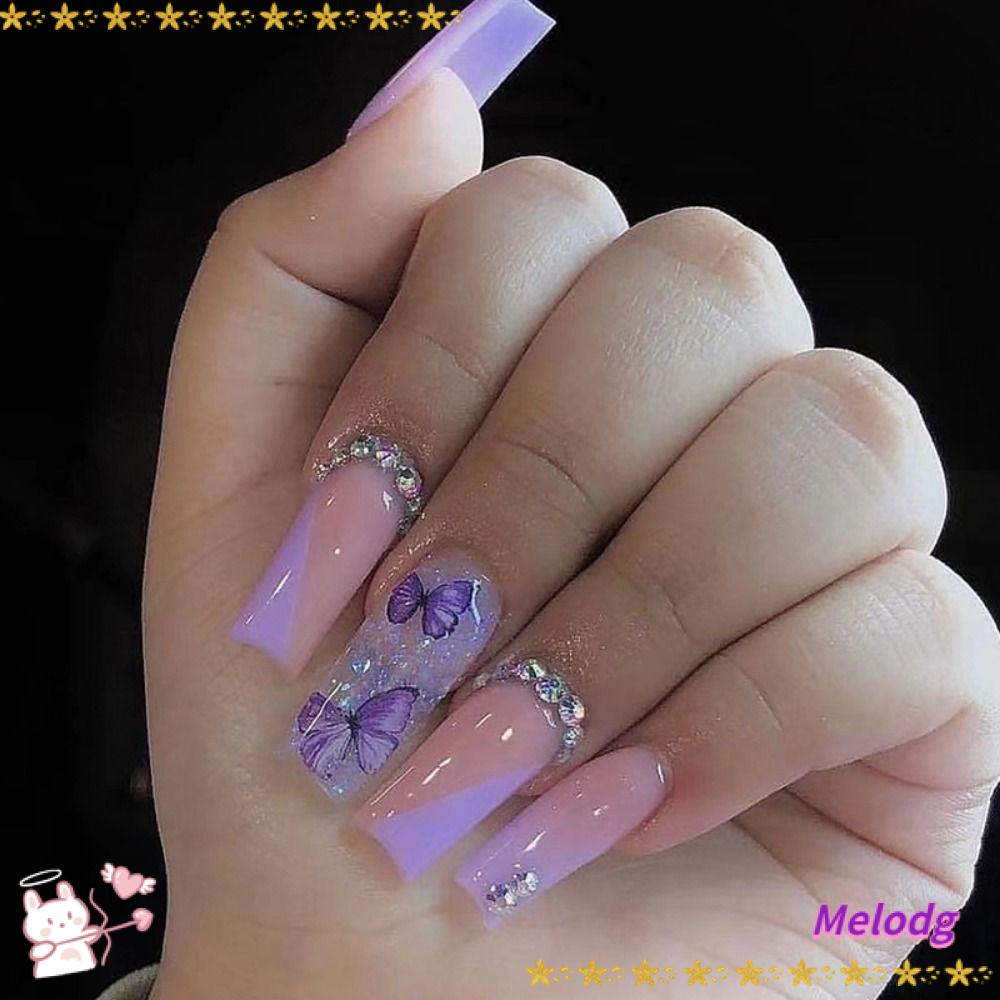 MELODG Bộ 24 Móng Tay Giả Che Phủ Toàn Diện Đính Pha Lê Xinh Xắn