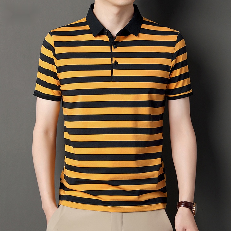 Áo Thun polo Cotton Lụa Lạnh Mỏng Dáng Rộng Tay Ngắn Kẻ Sọc Thoáng Khí Thời Trang Cho Nam