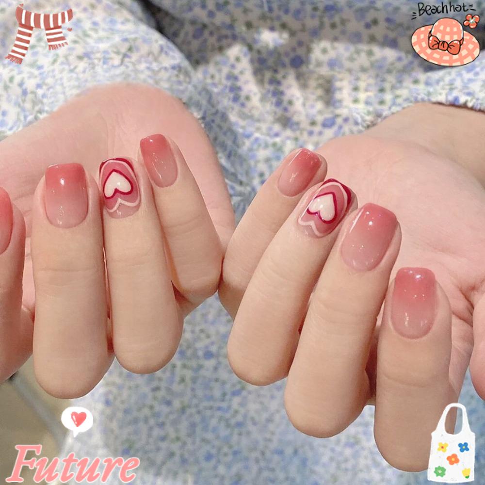 FUTURE Bộ Móng Tay Giả Đầu Vuông Ngắn Màu Hồng Gradient Bằng ABS Trái Tim Che Phủ Toàn Diện Cho Nữ