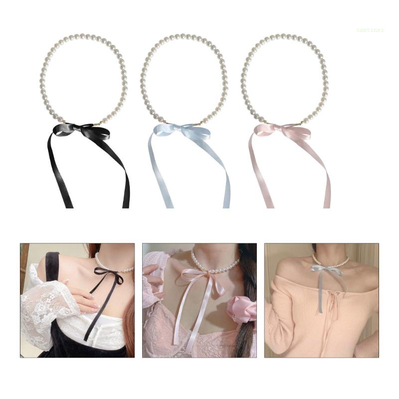 Vòng Cổ Choker Y2K Thắt Nơ Đính Ngọc Trai Giả Thanh Lịch Thời Trang Cho Nữ