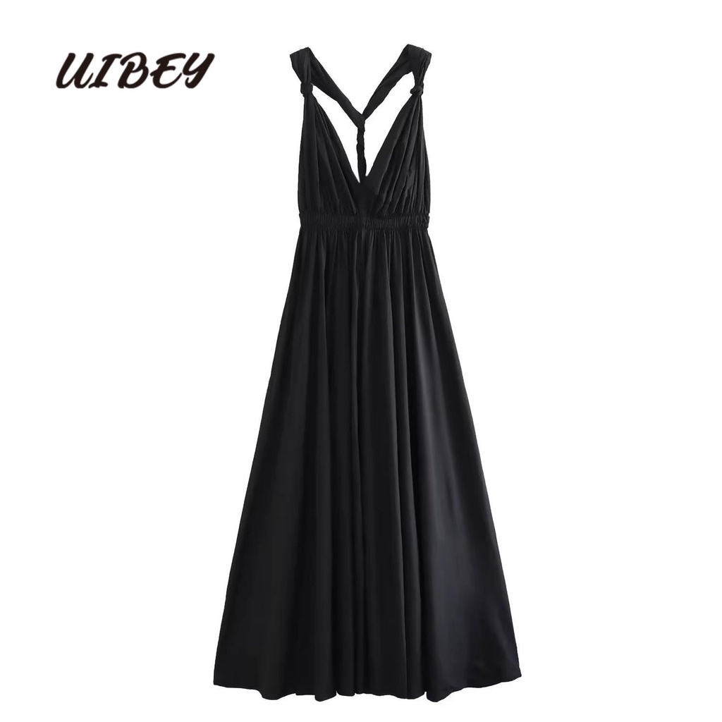 Uibey Đầm Hở Lưng Cổ Chữ V Màu Đen Phong Cách Quyến Rũ 6420