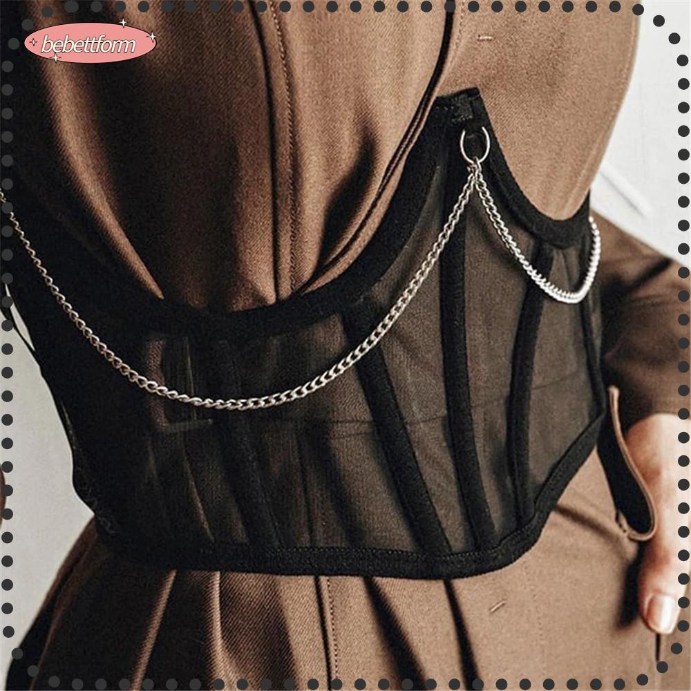 Đai corset lưới xuyên thấu gắn dây xích kim loại nịt eo tạo dáng Harajuku Goth Vintage
