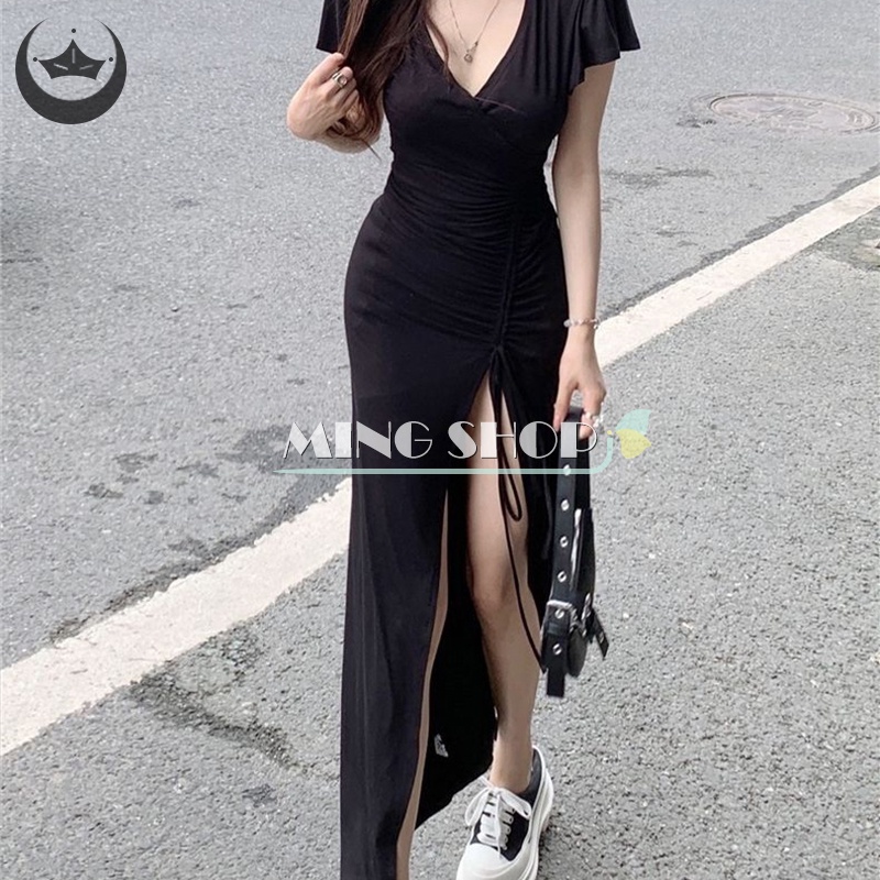 Đầm Dây Rút Cổ V Dáng Dài Xẻ Tà Thời Trang Mùa Hè Quyến Rũ Cho Nữ