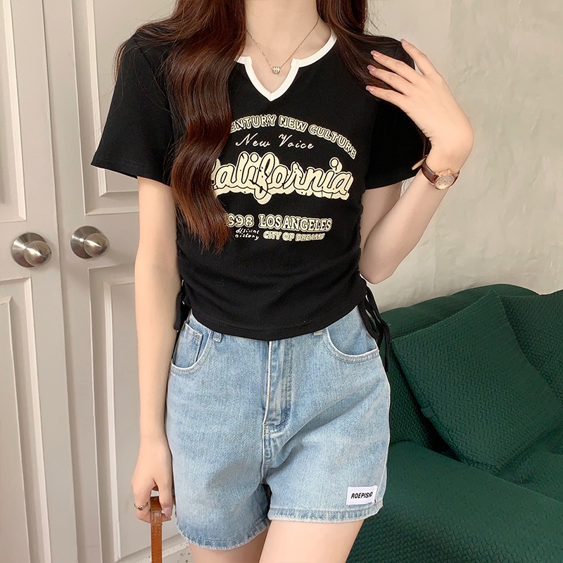 Áo Thun Tay Ngắn Cổ Chữ V In Họa Tiết monogram Tương Phản Thời Trang Hàn Quốc Cho Nữ