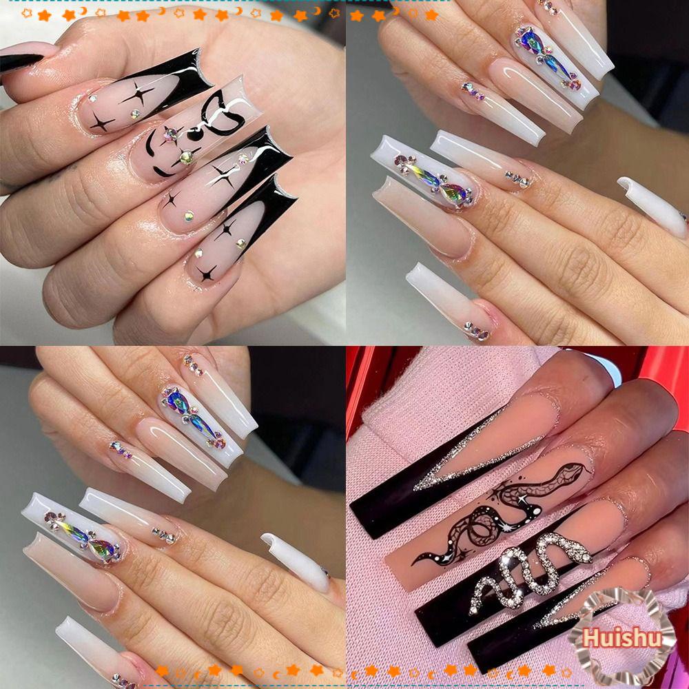 HS Set 24 Móng Tay Giả Hình Rắn Viền Đen Có Thể Tháo Rời