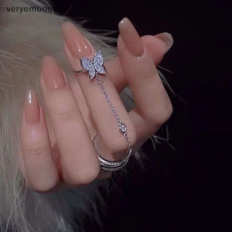 Nhẫn Đôi Phối Dây Xích Tua Rua Hình Bướm Phong Cách Punk Thời Trang Cho Nữ