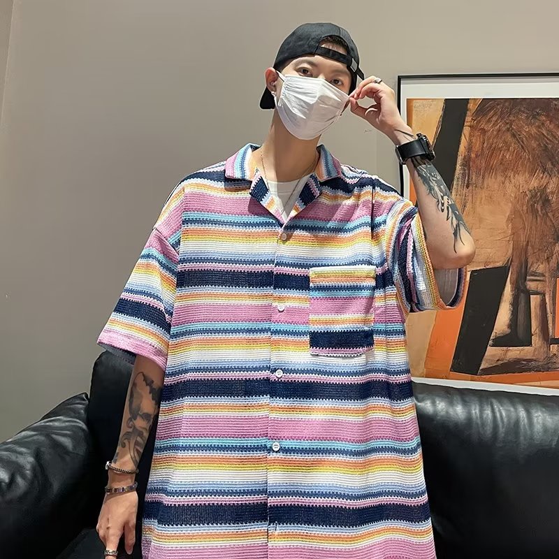 Áo Sơ Mi Tay Ngắn Dáng Rộng Họa Tiết Kẻ Sọc Màu Sắc Tương Phản Thời Trang Mùa Hè Cho Nam Và Nữ