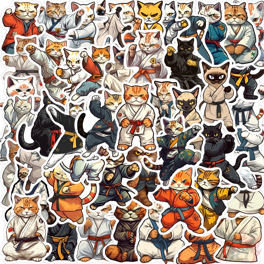 ❉ Set 01 Sticker Hình Mèo Kung Fu Dễ Thương Dùng Để Trang Trí ❉ Bộ 50 Sticker Chống Thấm Nước Họa Tiết Doodle Hợp Thời Trang