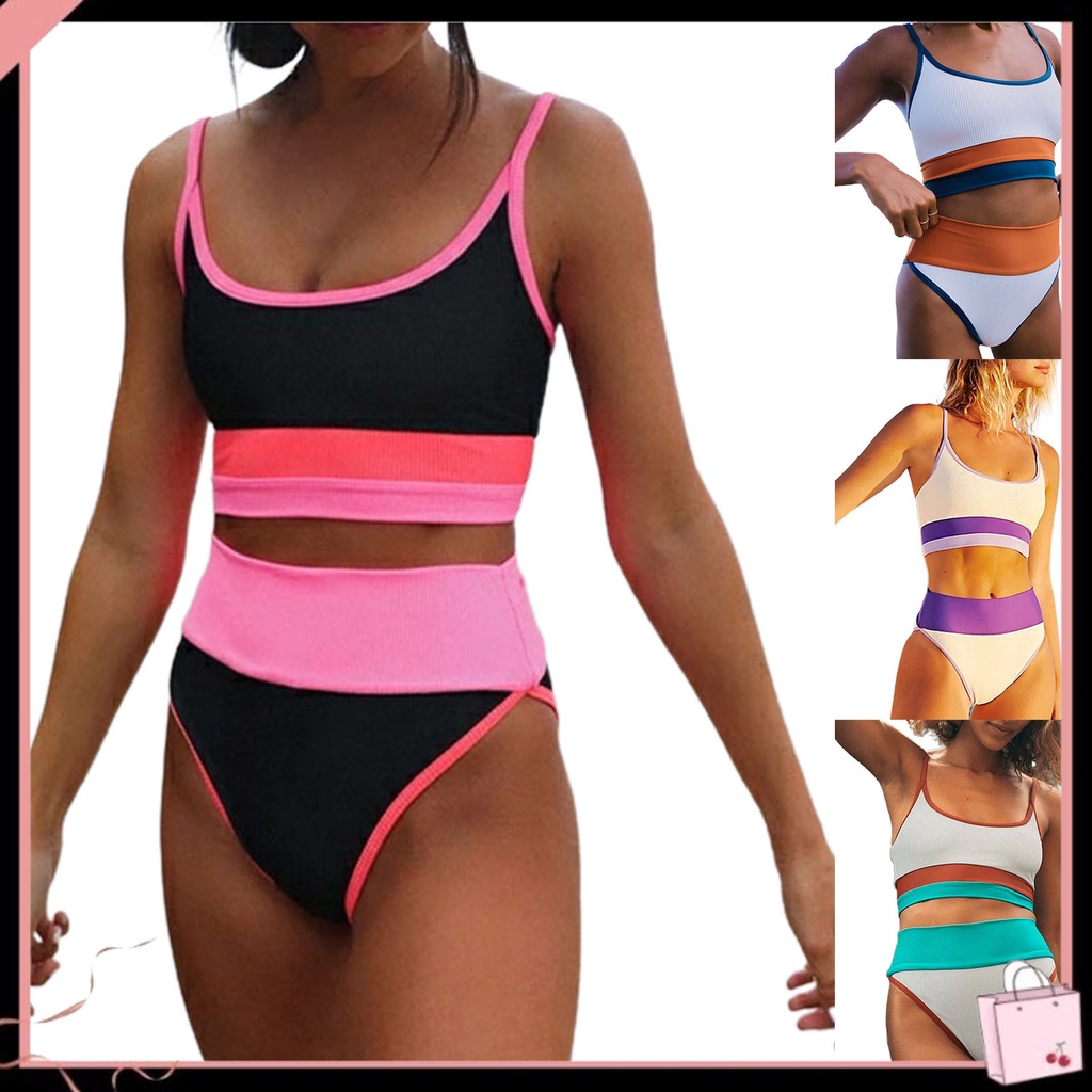 Bộ Bikini 2 Mảnh Ghép Màu Khối Lưng Cao Không Dây Cho Nữ