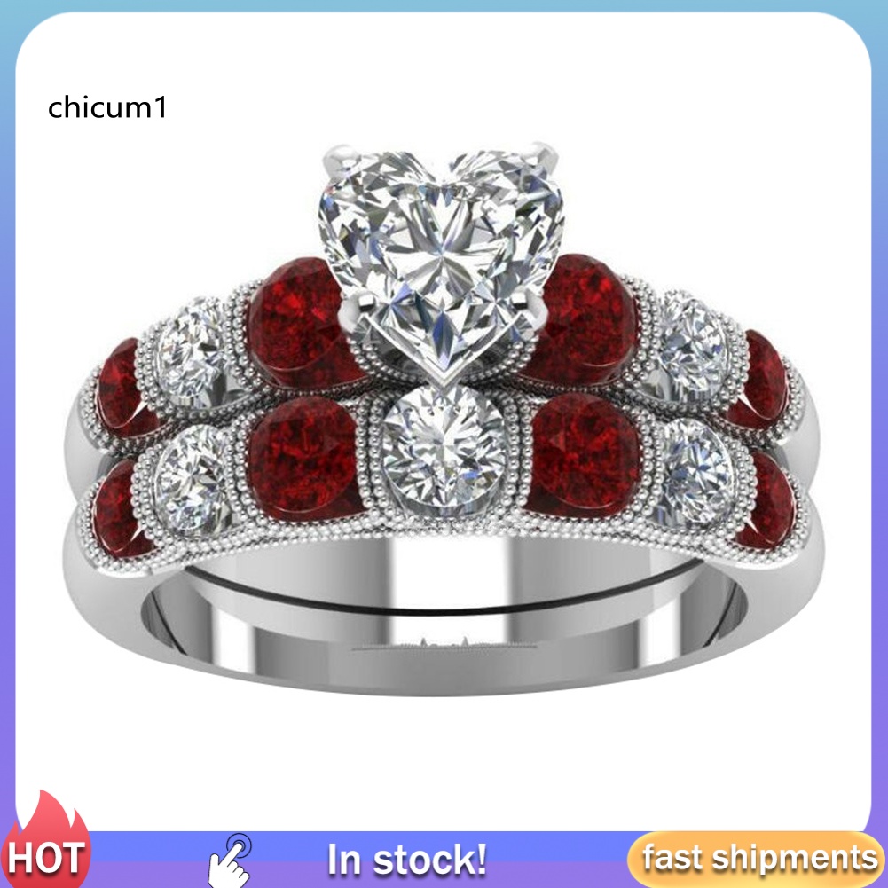 Set 2 Nhẫn Đính Đá Hồng Ngọc Nhân Tạo Hình Trái Tim Phong Cách Cổ Điển Dành Cho Nữ