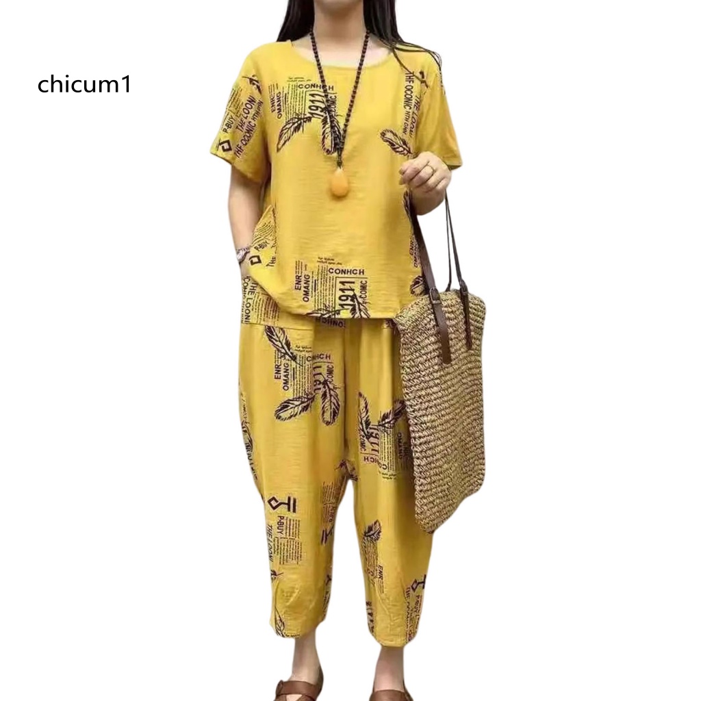 Bộ Đồ Ngủ 2 Món Áo Tay Ngắn Cổ Tròn Phối Quần Short Lưng Thun Mềm Mại Thoáng Khí In Họa Tiết Lông Vũ Thời Trang Mùa Hè Cho Nữ