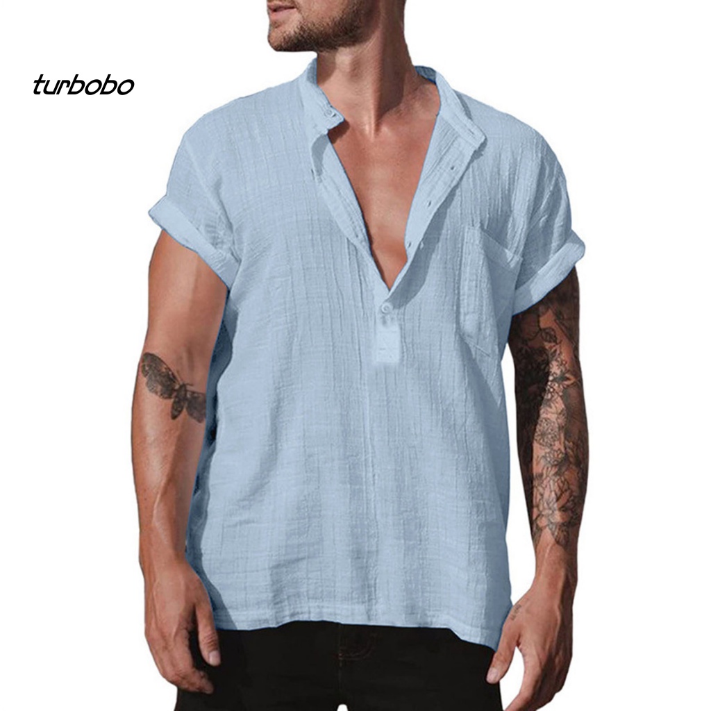 Áo Thun Tay Ngắn Cổ Đứng Dáng Rộng Màu Trơn Cài Nút Thời Trang Mùa Hè Cho Nam