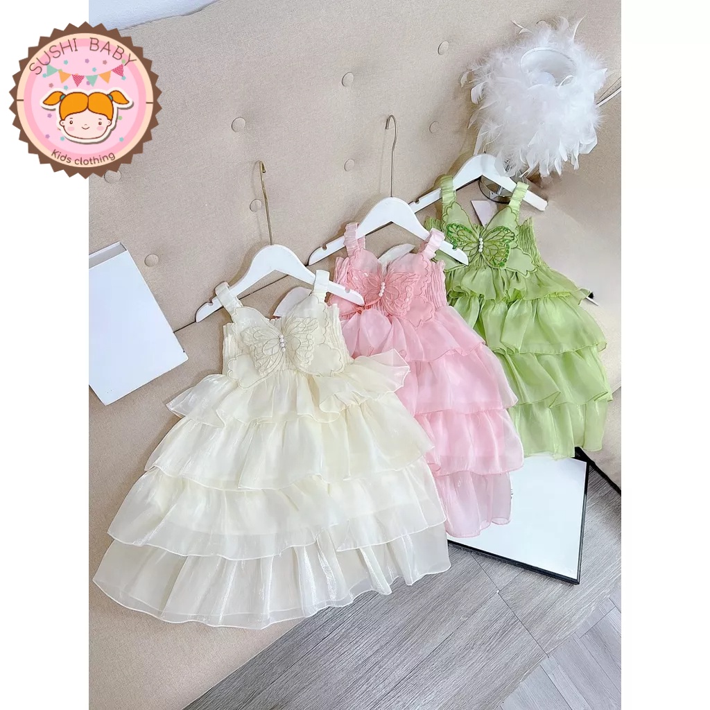 Váy voan tơ 4 tầng kèm cánh bư.ớm rời cho bé cho bé gái diện hè, đi tiệc, đi chơi