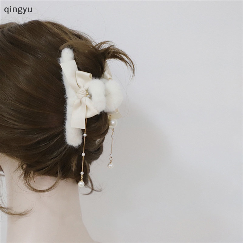 Kẹp Tóc Càng Cua Dài Đính Ngọc Trai Phối Lông Phong Cách Vintage Thời Trang Mới Cho Nữ