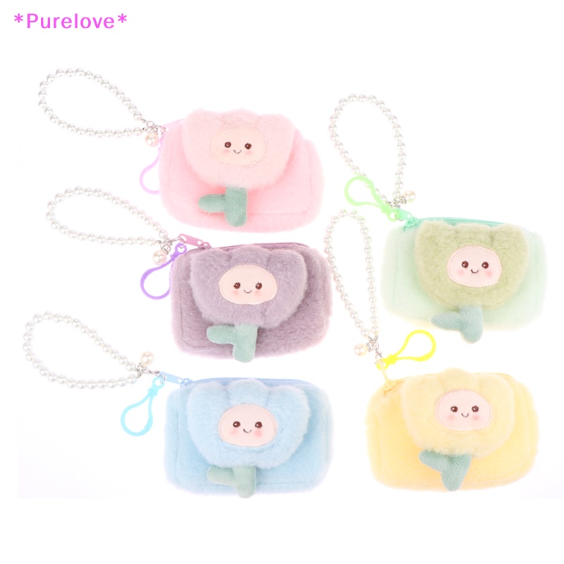 Ví Bông Đựng Tiền Xu Có Khóa Kéo Đính Hoa Tulip Dễ Thương Mới