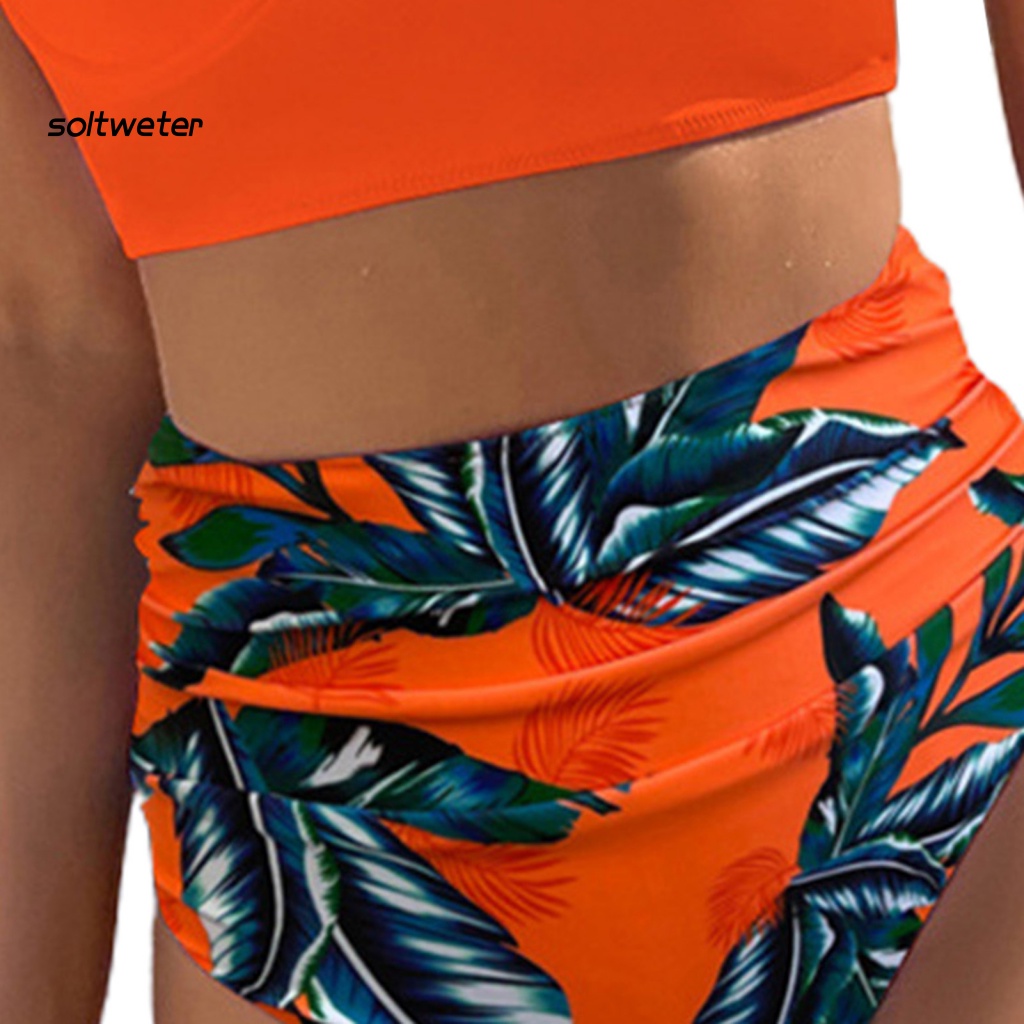 Bộ Đồ Bơi Bikini Hai Mảnh Lưng Cao Có Đệm Ngực In Họa Tiết Lá Cây Dành Cho Nữ