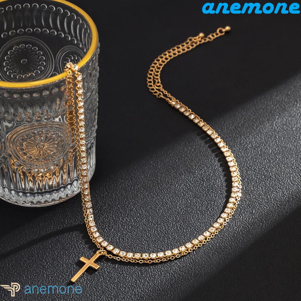 ANEMONE Vòng Cổ Choker Hai Lớp Mặt Thánh Giá Kim Loại Phong Cách Hàn Quốc Cổ Điển Dành Cho Nam