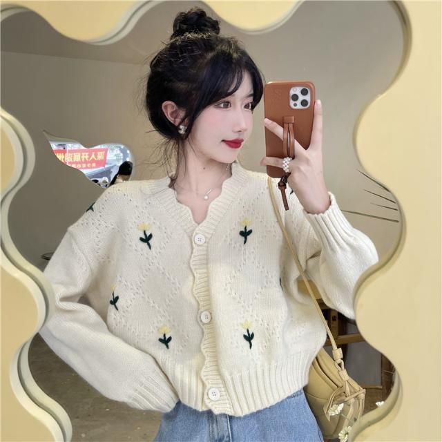 Áo Khoác Cardigan Dệt Kim Tay Dài Cổ Chữ V In Hoa Thời Trang Cho Nữ