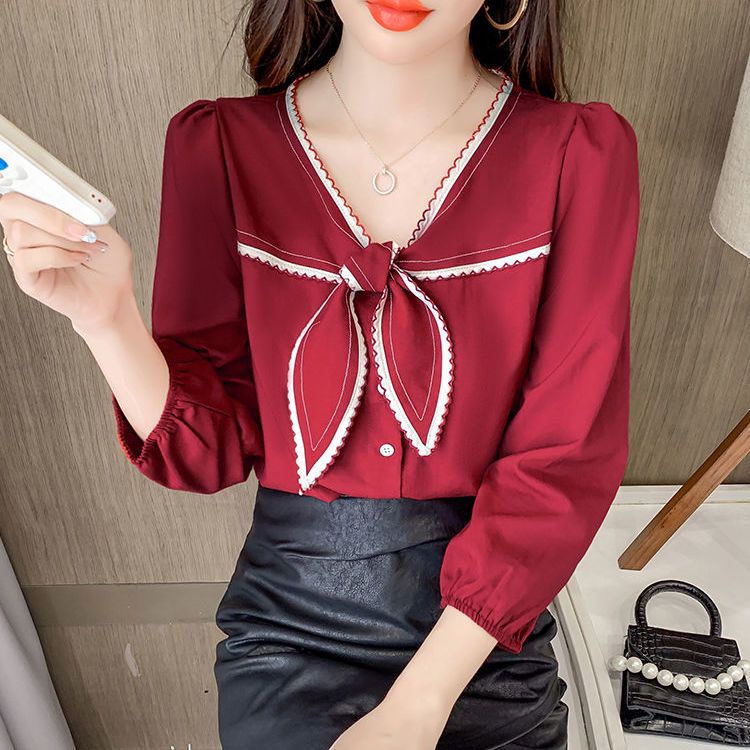 Áo Sơ Mi Tay Dài Cổ Chữ V Thắt Nơ Phong Cách Pháp Thời Trang Xuân Thu Mới 2023 Dành Cho Bạn Nữ