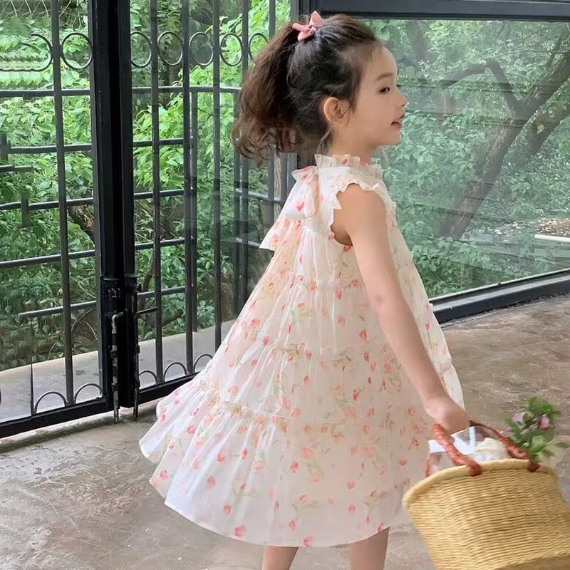 Đầm Hoa Cổ Ren Xếp Tầng Phong Cách Mới Mùa Hè Cho Bé Gái