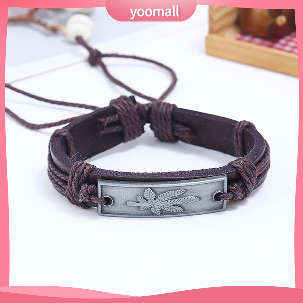 Vòng Tay Giả Da Mặt Hình Lá Phong Có Thể Điều Chỉnh Kích Cỡ Dành Cho Nam Giới