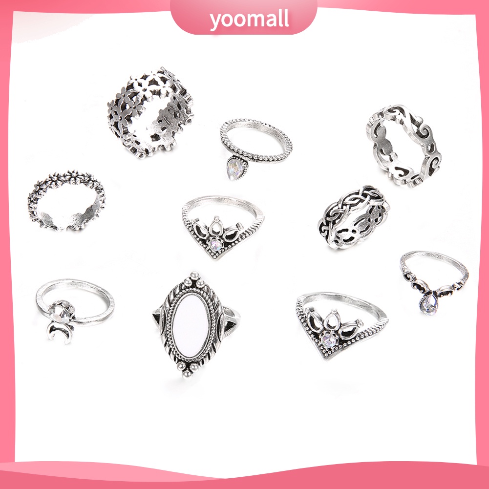 Set 10 Nhẫn Đốt Ngón Tay Đính Đá Opal Phong Cách Retro