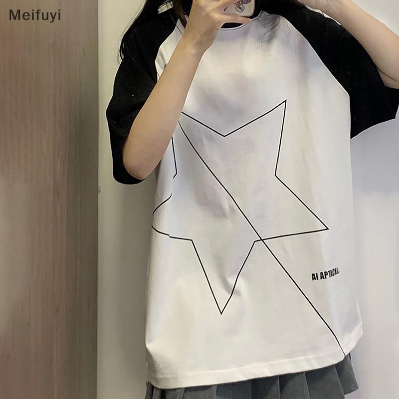 [Meifuyi] Star Short Sleeve Women Oversize T Shirts Patchwork Summer Tops Vintage COD