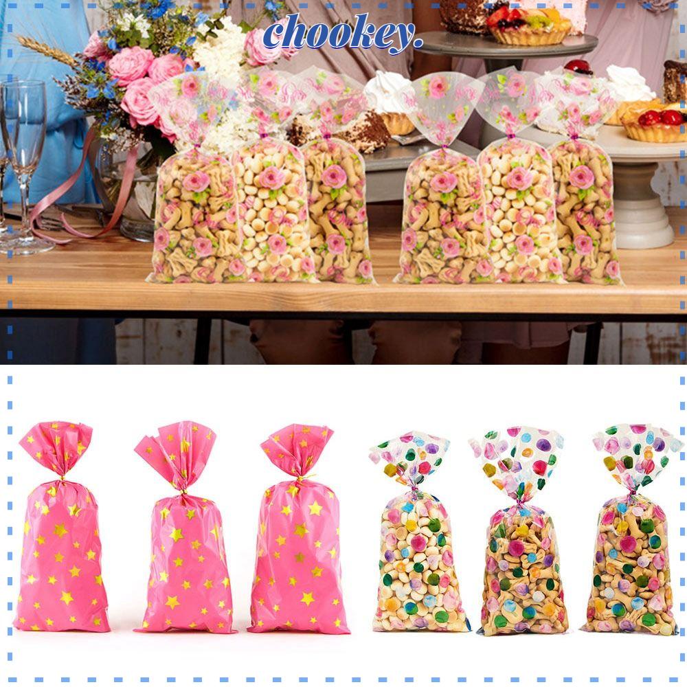 CHOOKEY Set 50 Túi Đựng Kẹo / Đồ Ăn Vặt Họa Tiết Hoa / Ngôi Sao / Chấm Bi Kèm Dây Buộc Sáng Tạo