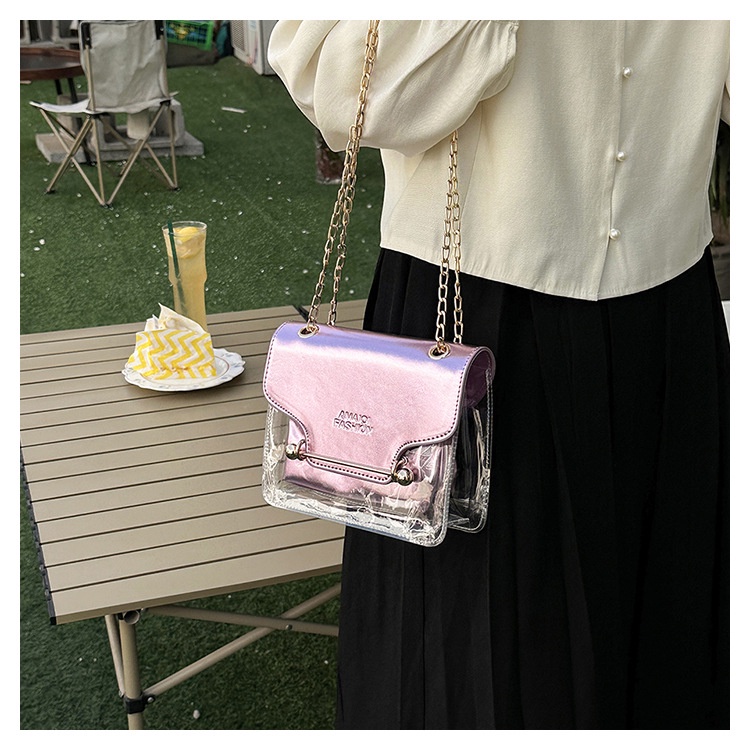 Túi Đeo Chéo Bằng PVC Trong Suốt Phối Dây Xích Phong Cách Hàn Quốc